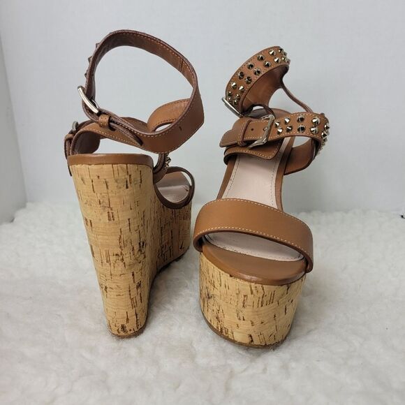 Miu Miu Women's Size 8.5 Brown Studded Spike Ankle Cork Platform Wedge Sandals - Picture 5 of 9